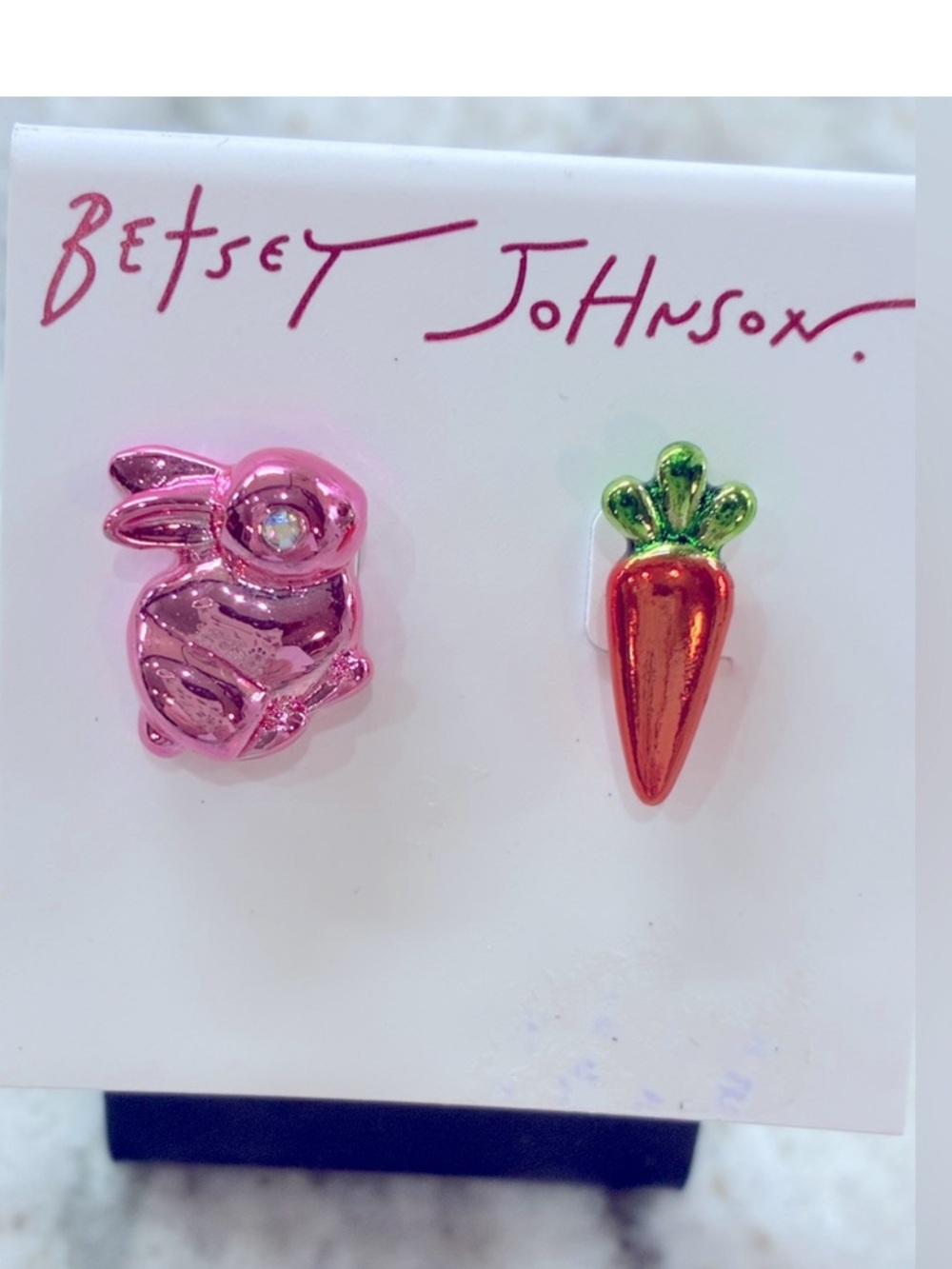 Betsey Johnson Shiny Pink Bunny & Orange Carrot Stud Earrings